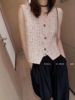 欧洲站小香风V领设计感麻料针织单排扣无袖马甲韩版洋气小开衫女