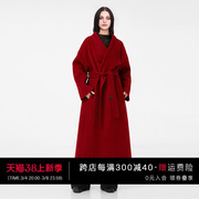 深红色V领绵羊毛羊绒毛呢外套女冬季腰带双排扣设计长款外套