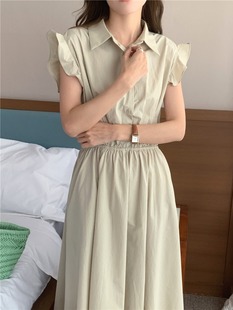 韩国chic夏季减龄复古小众，气质简约小清新荷叶边中长款纯色连衣裙
