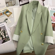 2023春季绿色条纹西装外套女春装高级设计感韩版休闲气质西服