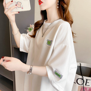 华夫格短袖t恤女夏季韩版宽松大码女装设计感小众中长款上衣服潮