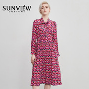 SUNVIEW/尚约长袖中长款女式连衣裙欧美民族风复古印花高腰显瘦裙