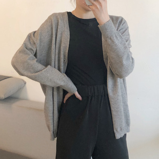 灰色毛衣慵懒风开衫女初春外套，薄款针织空调，衫设计感v领复古上衣