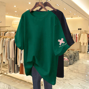 墨绿色短袖T恤女夏季欧货大版字母印花上衣中长款纯棉宽松体恤潮