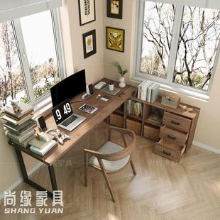 实木转角书桌书柜组合一体 家用拐角双人办公桌卧室l型角落电脑桌