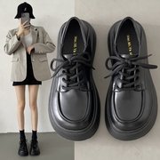 女厚底乐福鞋2024年秋季松糕鞋子英伦风粗跟单鞋jk黑色小皮鞋