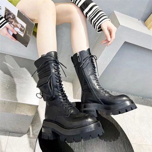 欧洲真皮女靴高筒包包，口袋靴2023系带，粗跟高跟马丁靴中筒靴潮