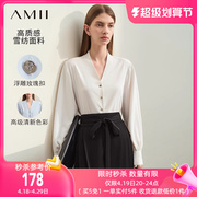 amii2024春法式通勤风v领灯笼，袖雪纺衬衫，女玫瑰纽扣衬衣上衣