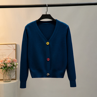 秋冬季短款厚开衫宝蓝色针织外套，v领时尚，百搭毛衣气质外搭上衣女