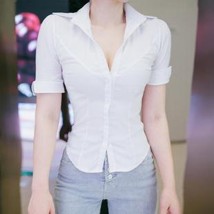 2019夏季女士衬衫白色气质v领修身制服性感低胸紧身上衣百搭