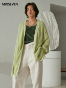 mixseven原创设计春秋苹果绿开衫，v领针织衫中长款慵懒男女同款