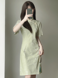 绿色蕾丝旗袍2023年夏季日常可穿年轻款少女小个子短款清新