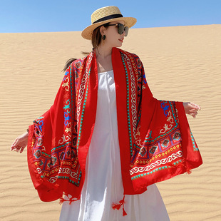 时尚拍照红色旅游披肩围巾女民族风外搭舒适大披风，沙漠包头巾(包头巾)纱巾