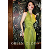 绿色云流金岁月浪漫优雅设计感百褶红色，绿色复古挂脖连衣裙开衩
