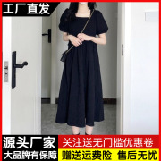 2023夏季茶歇法式黑色方领连衣裙女收腰显瘦气质赫本风长裙子