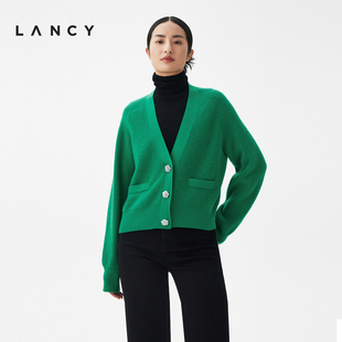 lancy朗姿2023秋冬绿色，修身羊毛羊绒针织，开衫女薄款气质上衣