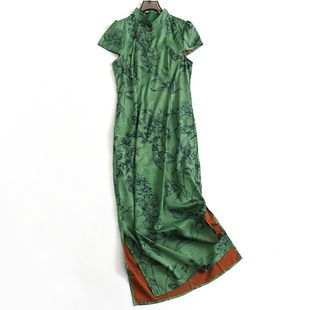 绿色印花显瘦修身包臀裙立领钉珠新中式国风旗袍裙短袖连衣裙A171