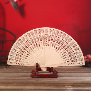 6寸7寸木质扇子中国风檀香扇镂空摆件工艺全木扇舞蹈折扇定制