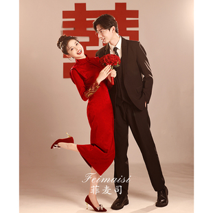 新中式旗袍敬酒服2023新娘酒(新娘酒，)红色刺绣，长袖正肩冬季订婚礼服裙
