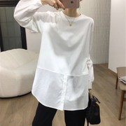 韩国设计感简约棉质T恤拼接衬衫秋季圆领宽松白色长袖内搭衣上衣