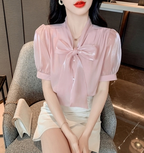 香港timo夏季法式气质蝴蝶结泡泡，短袖粉色雪纺衬衫女时尚时髦上衣