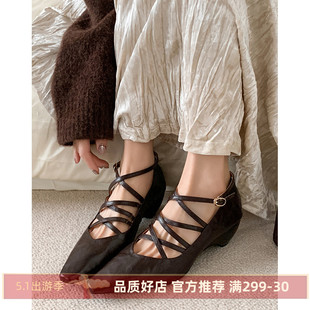 Kmeizu巨软~羊皮单鞋女时尚交叉绑带中跟罗马4.5cm粗跟玛丽珍鞋