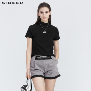 sdeer圣迪奥女装夏季上衣休闲立领字母印花黑色短款T恤S21280183