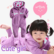 韩国外贸春秋女宝宝紫色长袖抓绒连体衣哈衣婴幼儿爬服外出卫衣服