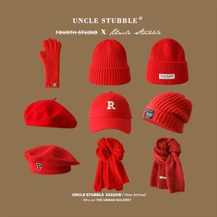 红色围巾棒球帽针织帽男士，新年礼物大红色，贝雷帽女生年会送礼帽子