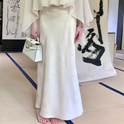 fairyjiang夏季新中式国风提花缎面，白色高腰半身裙显瘦包臀长裙子