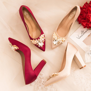 婚鞋新娘鞋粗跟女酒红色秀禾结婚鞋舒适防水台婚礼高跟鞋孕妇可穿