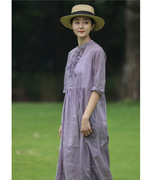 中式复古立领斜襟刺绣七分袖高腰线连衣裙A型苎麻大摆裙紫色夏季