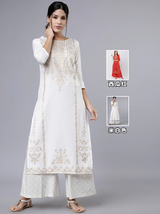 印度进口女装民族风烫金，印花棉质传统2件套长款圆领简约素雅