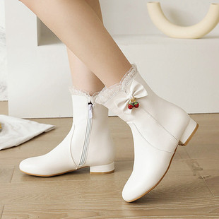 甜美蕾丝蝴蝶结学院风小码女鞋低跟防滑圆头短靴子，白色简约马丁靴