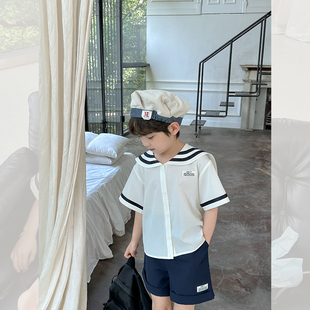 虾酱麻麻男童衬衫套装夏季2023宝宝，洋气海军风儿童短袖衣服潮