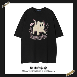 奶油的宇宙 刺绣植绒猫咪字母短袖T恤女日系bf甜酷风半袖2024