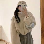 韩国chic秋冬气质立领拉链式毛绒绒(毛绒绒)设计感百搭短款棉衣外套女