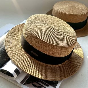 平顶帽子女夏度假(夏度假)海边巴拿马草帽平沿法式沙滩帽草编遮阳防晒礼帽