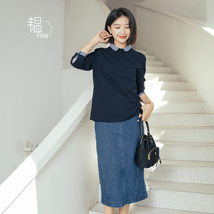 yun韫2024春季女拼接娃娃，领针织百搭韩版显瘦套头长袖t恤