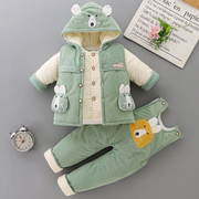 男宝宝冬装婴儿棉衣三件套装，加厚0-2岁女棉袄，棉服马甲背带裤冬季