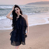 黑色超仙挂脖无袖连衣裙女夏季海边度假沙滩裙荷叶边性感露背短裙