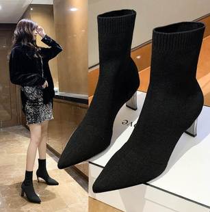 2021秋冬季瘦瘦中筒袜子靴，高跟粗跟弹力，尖头黑色女短靴时装靴