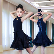 儿童拉丁舞连衣裙比赛演出服夏季女童黑色蕾丝裙无袖练功服装