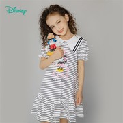 迪士尼童装女童连衣裙经典条纹海军风纯棉洋气大方领短袖裙子女孩