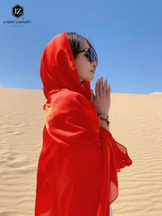 大红色民族风薄纱丝巾披肩围巾两用云南丽江沙漠草原旅游拍照穿搭