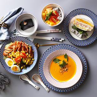 陶瓷碗碟套装家用简约北欧式碗筷轻奢金边餐具组合餐具套装碗盘勺