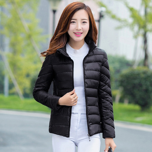 黑色冬季短款女士大码立领，轻薄羽绒棉服修身韩版棉袄工装棉衣