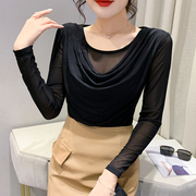 黑色打底衫女长袖秋装欧货设计感假两件上衣修身性感网纱长袖t恤