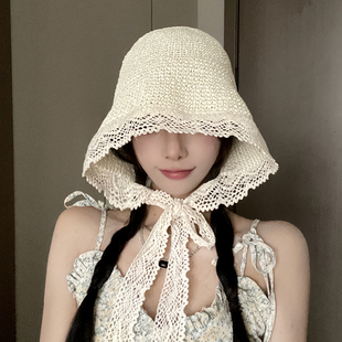 遮阳帽草帽女夏季蕾丝绑带，渔夫帽子女海边沙滩，防晒遮脸手工太阳帽