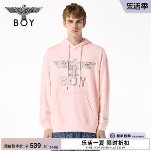 BOYLONDON秋季男女同款烫钻logo前插口袋粉色休闲套头卫衣N04005